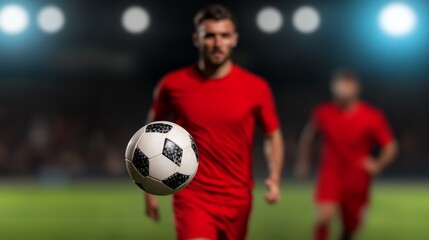Dynamic Moment of Soccer Player in Red Jersey Carrying Ball in Action Scene