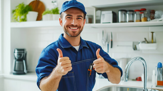 Smiling plumber holding pipe wrench and showing thumb up at sink with tap in the kitchen. secure plumbing services advertisement. Good job. Repairman or handyman fixing a tap. Special offer