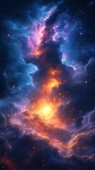Obraz premium Vibrant Cosmic Mobile Wallpaper Deep Blue Purple Swirling Clouds Orange Yellow Starlight