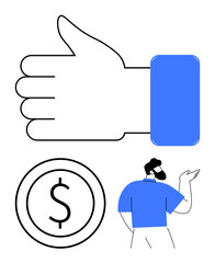Thumbs-up hand, dollar coin, and confident businessman gesturing. Ideal for business, finance, success, approval, teamwork trust motivation. Flat simple metaphor