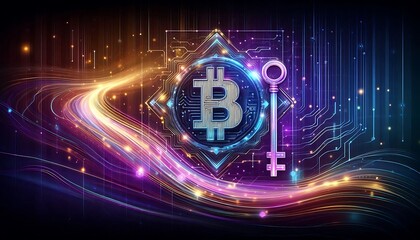 Abstract Blockchain Symbol with Digital Key Icon, Glowing Data Waves, and Encryption Concept