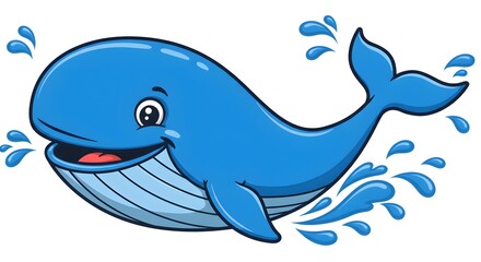 Playful Blue Whale Cartoon Illustration: A Happy Whale Splashes Through the Ocean