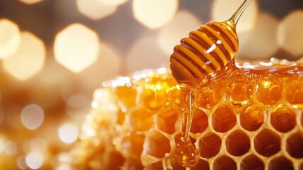 Close-up of golden honey slowly dripping from natural honeycomb in warm sunlight, showcasing organic texture and sweet natural food concept