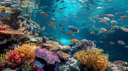 Obraz premium Swimming Fish Above Vibrant Coral Reef Ecosystem in Clear Ocean Water