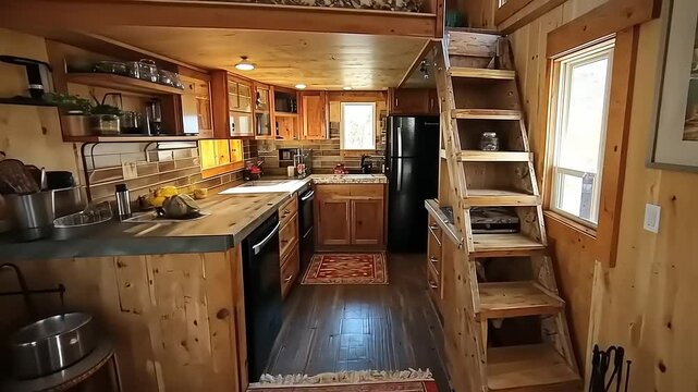 Cozy tiny house interior featuring a kitchen, lofted sleeping area, and rustic decor