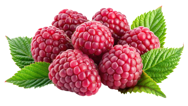 A Cluster of Fresh Ripe Raspberries with Lush Green Leaves Isolated on Transprent background