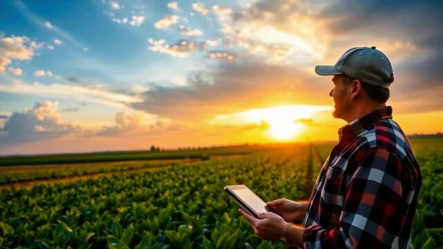 A farmer is managing his farm with tab on palm top, agriculture, Generative AI, animation in 4k