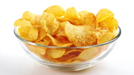 Potato Chips in Glass Bowl on White Background Delicious Snack