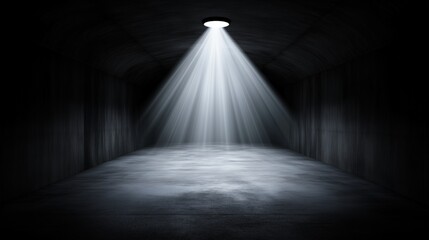 Spotlight beam illuminating empty dark room in conceptual dramatic setup