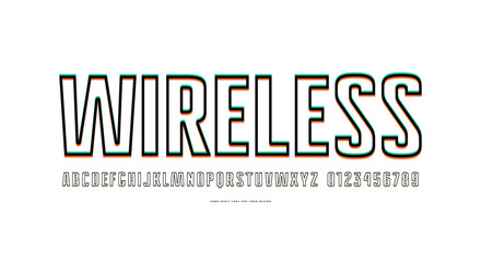 Hollow sans serif font with glitch distortion effect. Letters and numbers for logo and emblem design. Color print on white background