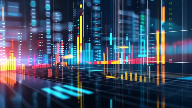 Abstract digital interface with glowing data streams and infographic elements