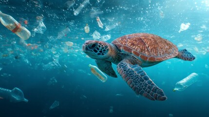 Obraz premium Sea Turtle Swimming Through Polluted Ocean Water Full of Plastic Bottles