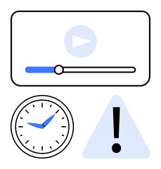 Video player interface with play button and progress bar, analog clock indicating time, and caution alert triangle with exclamation mark. Ideal for time management, media control, deadlines, urgency