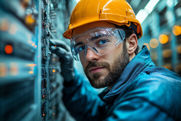 Focused technician wearing safety gear, inspecting server equipment in a modern data center environment.