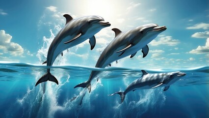 Fototapeta premium Two dolphins swimming in clear blue ocean water with sunlight streaming through the surface