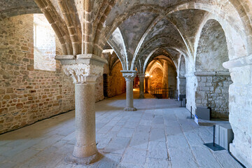 Mont Saint Michel Normandy France. The interior of the abbey. Promenoir des Moines