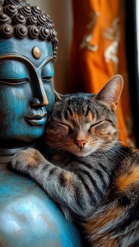 Sweet feline snuggles with a serene statue in a cozy indoor setting filled with warmth and harmony during a sunny afternoon