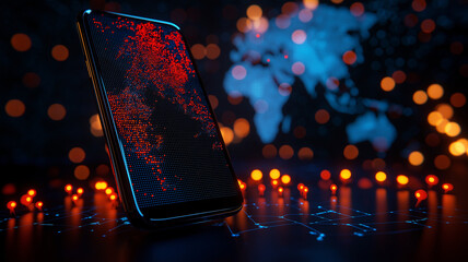 smartphone displaying digital world map with location tracking features, surrounded by glowing lights, symbolizes connectivity and technology
