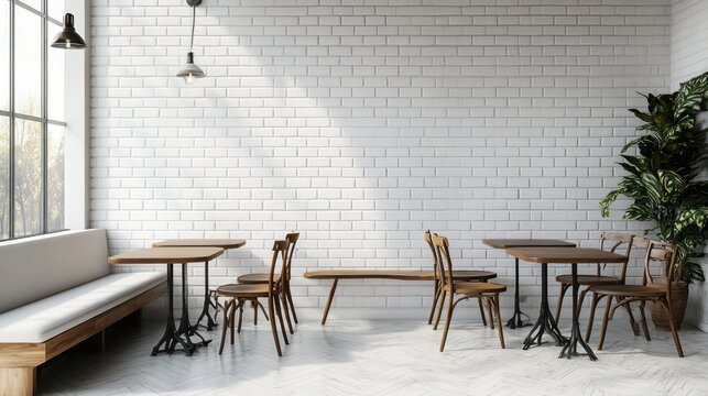 Fototapeta Empty cafe interior with white brick wall, sunlight, and wooden furniture