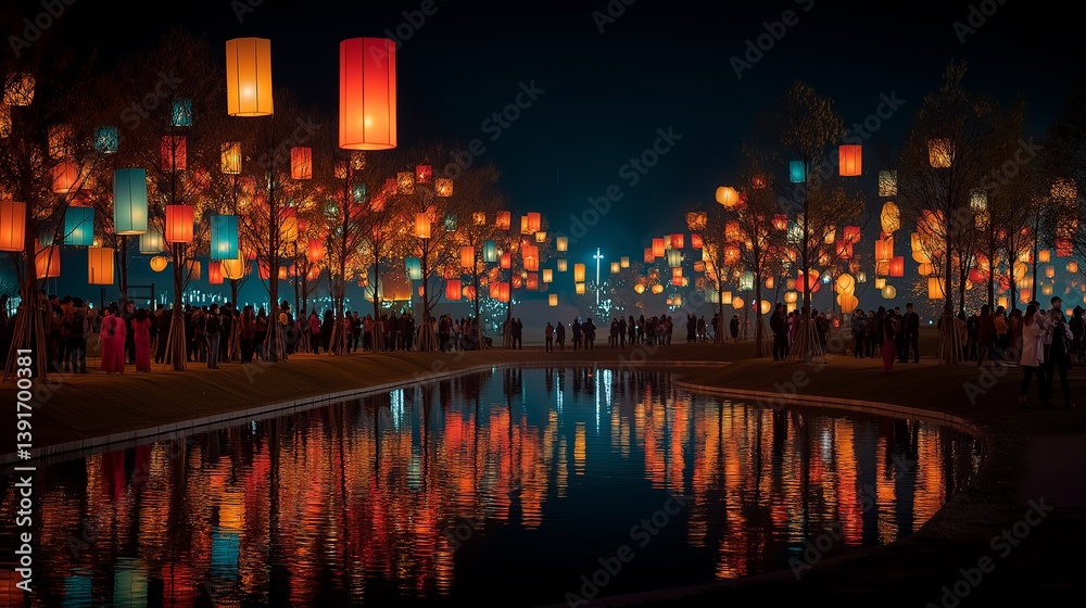 Aufkleber a vibrant festival scene with colorful lanterns floating into the night