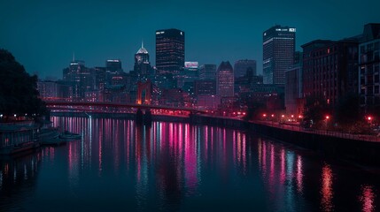 Naklejka premium A vibrant city skyline at dusk, with neon lights reflecting on a glass river