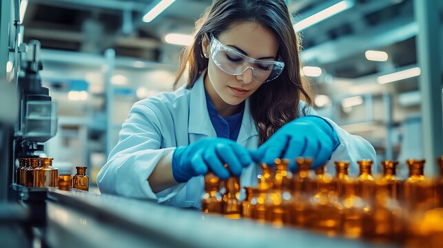 healthcare manufacturing technician in blue gloves handling amber bottles on conveyor belt in pharmaceutical lab environment focusing on medicine packaging quality and production standards