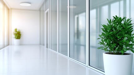 Fototapeta premium Modern Office Interior with Potted Plant and Glass Walls in Professional Environment
