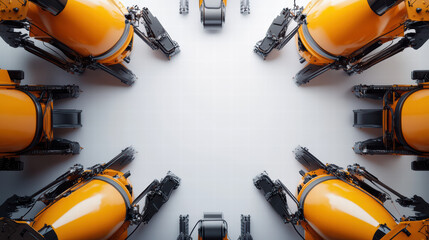 Orange Robots Encircling: Eight vibrant orange robots form a captivating circle, their sleek, futuristic designs creating a visually stunning and symmetrical composition.
