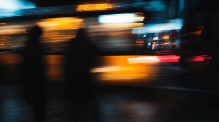 Fototapeta premium Blurred figures walk on a street at night with colorful lights.