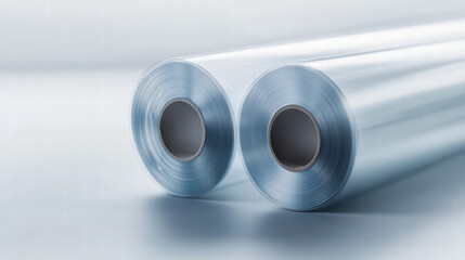 Fototapeta premium Rolled Plastic Rolls: An up-close view of two tightly rolled plastic rolls, presenting a sleek and smooth aesthetic that exemplifies the qualities of packaging and product protection.