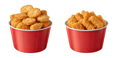 Fried Delight: A mouthwatering arrangement features two vibrant red buckets, one overflowing with golden chicken nuggets and the other with enticing strips, all set against a bright backdrop.