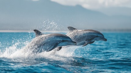 Fototapeta premium Dolphins Leaping From Ocean Water in Tandem with Mountains in Background