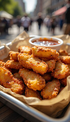 Crispy chicken bites with dipping sauce on street food tray