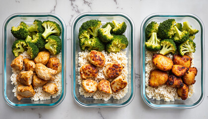 Three meal prep containers with chicken, rice, and broccoli