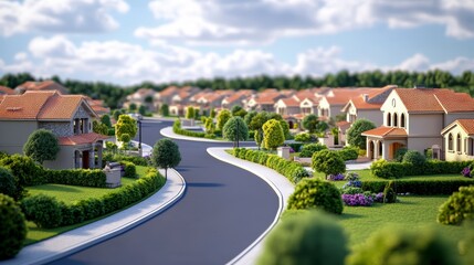 Obraz premium Picturesque Suburban Neighborhood with Terracotta Roof Houses on a Sunny Day