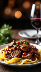 Beef stroganoff with pasta and red wine on elegant dinner table 