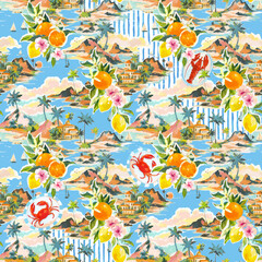 Beautiful vector tropical seamless pattern with hand drawn paradise islands with mountains and palm trees on beaches with ocean and clouds in sky. Ready tropical print design.
