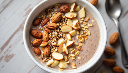 Almond milk smoothie bowl with sliced almonds and granola