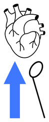 Hand-drawn human heart with bold blue upward arrow and simple catheter tool. Ideal for cardiology, medical progress, heart health, circulation, diagnostics, surgery, growth, flat simple metaphor