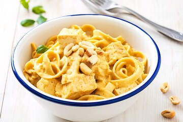 Vegan curry pasta with tofu and peanuts
