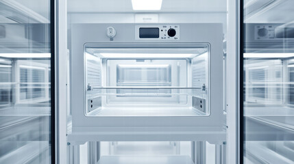 Obraz premium Cleanroom Pass-Through Chamber: A pristine, stainless steel pass-through chamber in a modern cleanroom facility, showcasing advanced technology and meticulous cleanliness.