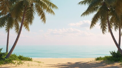 Fototapeta premium Serene beach with palm trees, turquoise water, and golden sand. Coastal paradise.