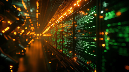 futuristic data center with glowing green and orange lights, showcasing advanced technology and digital information flow. atmosphere is high tech and dynamic