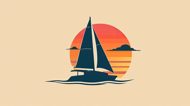 A simple flat vector logo depicting the side view silhouette of an elegant catamaran with its sail down, the sun setting behind it