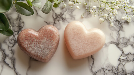 Two heart-shaped soap bars with a marble background, complemented by fresh greenery and delicate flowers, perfect for a romantic gesture.