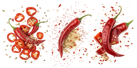 Fiery Fiesta: An overhead shot of vibrant red chili peppers. Each pepper displays their unique form and texture, inviting the viewer on a culinary journey