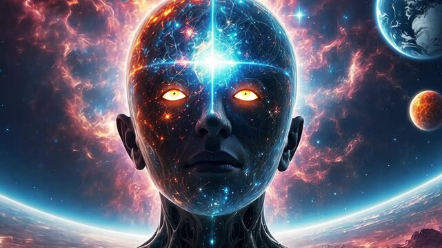 Universe like the source of consciousness energy, human like part of universe, colorful galaxy light and planets