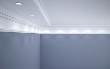 The ceiling is white with cornice and spotlights, the walls are blue. 3D Render. © psycoma