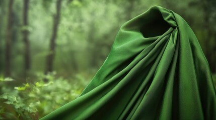 Soft-focus close-up of a druidic robe fabric, deep green hues blending into a misty forest background