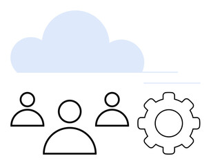 Blue cloud above three user icons and a gear representing teamwork, cloud computing, automation, and process optimization. Ideal for tech, business, efficiency, innovation, connectivity abstract